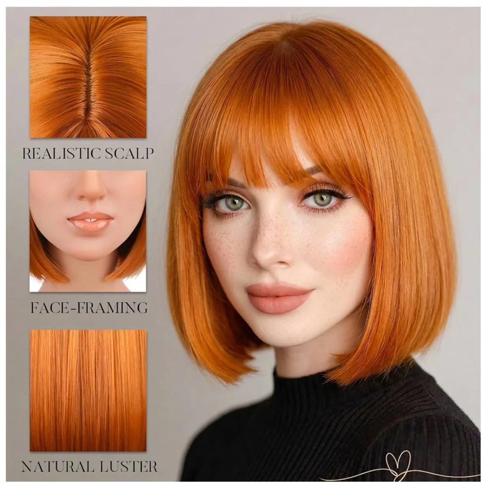 12” Ginger Orange Bob Synthetic Hair Wig with Bangs